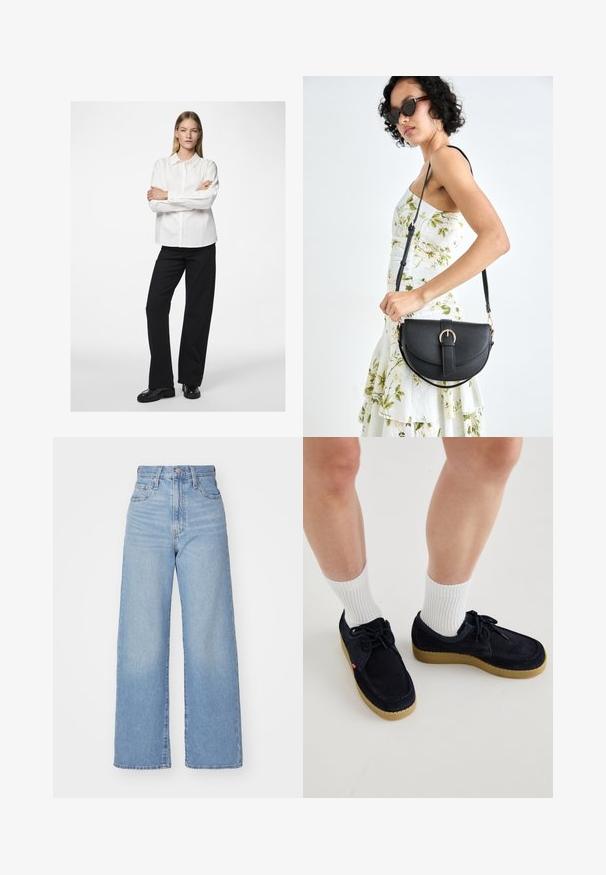 Camisa branca com colarinho e mangas compridas, combinada com calças largas pretas e sapatos pretos brilhantes. Tecido suave, corte descontraído.; Jeans de cintura alta e perna larga em azul claro, com fecho frontal de botão e zíper, bolsos frontais e traseiros, sobre um fundo branco.; Sapatos em camurça azul-marinho com bico redondo, design de atacador e sola de borracha na cor creme. Usados com meias brancas caneladas.; Bolsa de couro preta com forma curva, alça destacável e detalhes em dourado. A bolsa possui uma aba com detalhe de fivela.