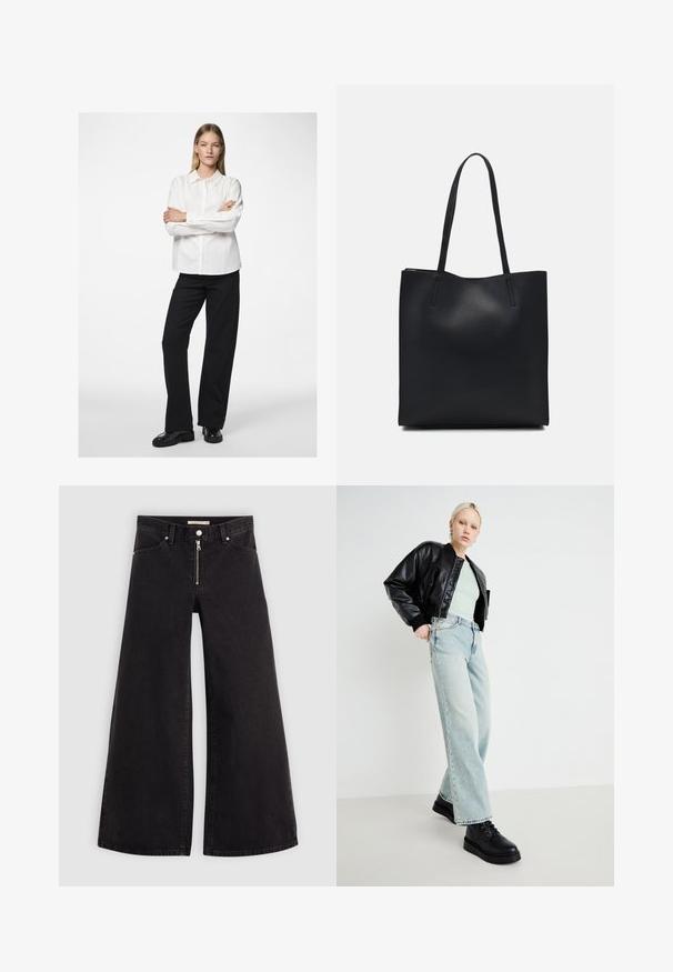 Fehér galléros, hosszú ujjú ing, fekete, bő szárú nadrággal és fényes fekete cipővel párosítva. Simább anyag, laza fazon.; Fekete denim széles szárú farmer, cipzáros elejével, öt zsebes kialakítással és diszkrét varrással. Sima textúra és laza stílus.; Fekete bőrdzseki, mentazöld ing, világoskék széles szárú farmernadrág és fekete fűzős cipő, minimalista háttér előtt.; Fekete bőrtáska sima felszínnel, téglalap alakú, két hosszú füllel. Nincs látható fémkiegészítő vagy díszítés.