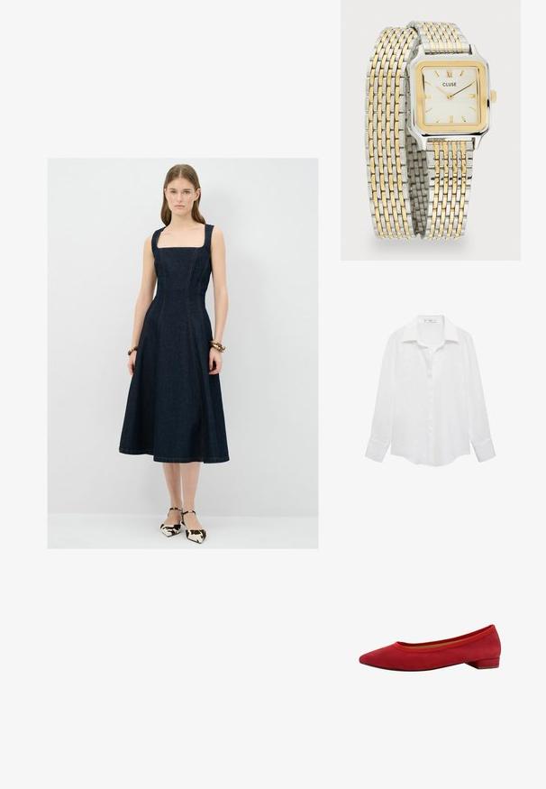 Weißes Langarmhemd mit klassischem Kragen, Knopfverschluss und einem glatten, leichten Stoff. Der Saum ist an den Seiten leicht abgerundet.; Dunkelblaues Denim-Kleid mit quadratischem Ausschnitt, figurbetontem Oberteil und ausgestellt Rock. Verfügt über kontrastierende Nähte und breite Schulterträger.; Rote Wildleder Ballerinas mit spitzem Zeh, niedrigem Blockabsatz und elastischem Besatz am Schaft für eine enge Passform.; Quadratische Armbanduhr in Silber- und Goldtönen mit einem weißen Zifferblatt, goldenen Stundenmarkierungen und einem gewebten Metallarmband mit abwechselnd silbernen und goldenen Gliedern.