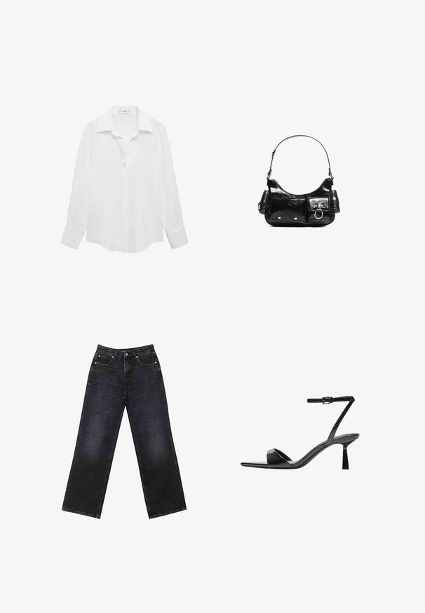 Biely dlhý rukáv košele s klasickým golierom, so zapínaním na gombíky a hladkým, jemným materiálom. Spodný lem je na stranách mierne zaoblený.; Vysoké čierne denimmové džínsy so širokým strihom, dizajnom s piatimi vreckami a viditeľným šitím. Tkanina má hladký, mierne textúrovaný povrch.; Bershka Sandále na vysokom opätku - black; Čierna laková kožená kabelka s ohnutým tvarom, jedným ramenným popruhom, prednými vreckami a striebornými kovovými doplnkami.