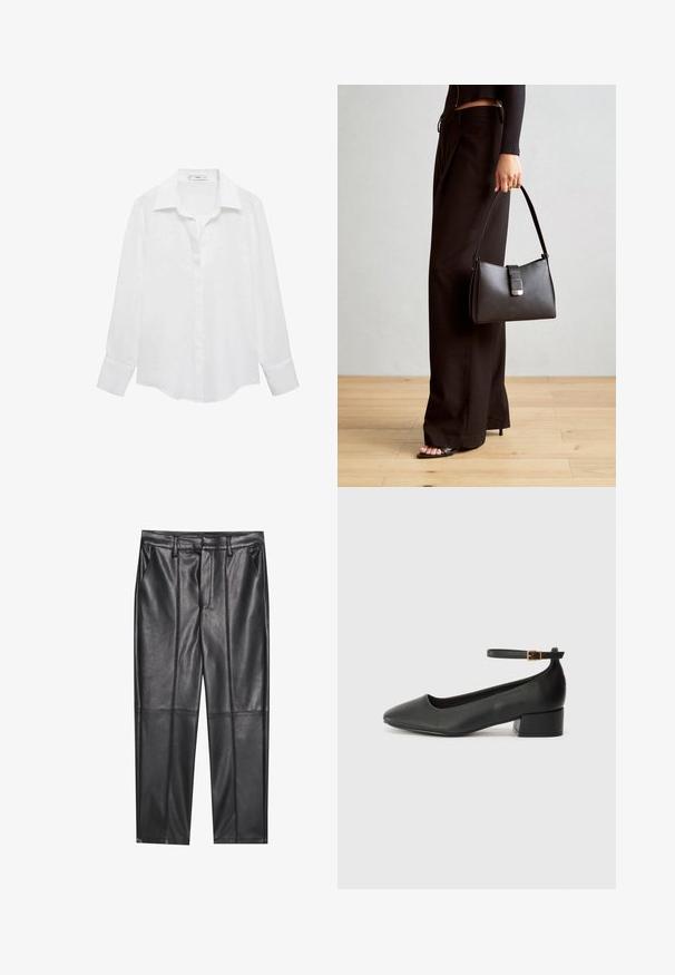 Camicia bianca a maniche lunghe con colletto classico, chiusura a bottoni e tessuto leggero e morbido. L'orlo è leggermente curvato sui lati.; Pantaloni in pelle nera con una texture liscia, caratterizzati da un fit dritto, due tasche frontali e dettagli delle cuciture in evidenza.; Pump in pelle nera con punta affusolata e tacco basso a blocco. Presenta una cinghia alla caviglia con una fibbia in tonalità oro. Texture liscia.; Borsa nera con forma strutturata, texture liscia e una chiusura metallica. Abbinata a pantaloni neri larghi e sandali open-toe su un pavimento in legno.