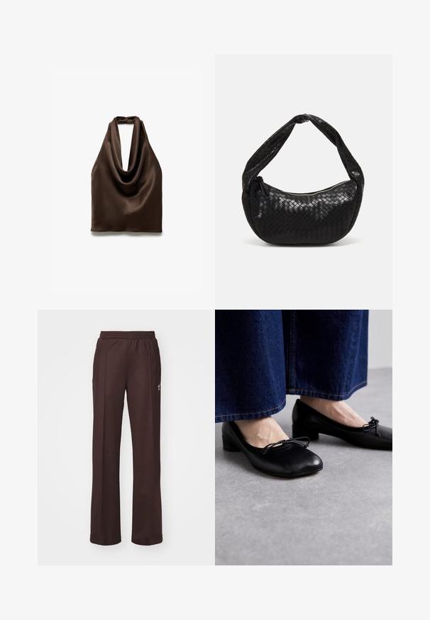 Braunes Satin-Haltertop mit elegantem Wasserfallausschnitt. Glatte Textur, fällt sanft und verfügt über einen Rückenknotenverschluss.; Braune Sporthose mit einem elastischen Bund, zwei Seitentaschen und einem kleinen Logo auf der linken Seite, gefertigt aus weichem Stoff.; Schwarze Lederschuhe mit quadratischer Schuhspitze und kleinem Absatz, ausgestattet mit einer dekorativen Schleife an der Vorderseite. Kombiniert mit dunklen Jeanshosen.; Schwarze geflochtene Ledertasche mit einer geschwungenen Form, ausgestattet mit einem dicken Griff und einem Reißverschlussverschluss. Texturierte Oberfläche mit glänzender Optik.