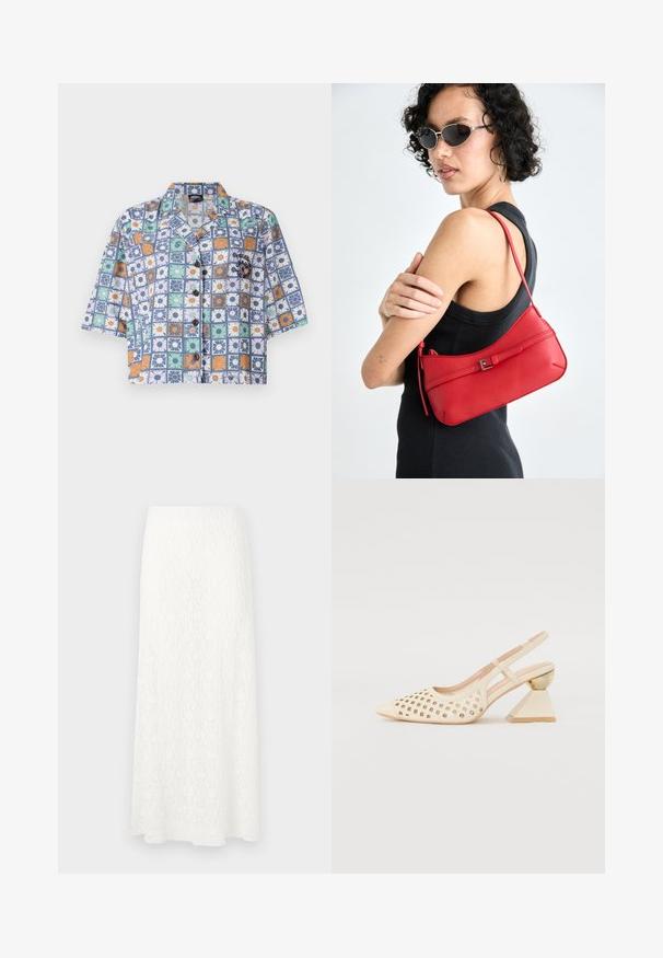 Kurzärmeliges Hemd mit Knöpfen und floralem Muster in Blau, Orange, Grün und Weiß. Hergestellt aus leichtem Stoff, mit Camp-Kragen.; Weißer Maxiskirt aus Spitze mit einem strukturierten Muster, elastischem Bund und fließender Form. Der Stoff wirkt leicht und luftig.; Beige Slingback-Schuh mit Perforierung im Obermaterial, spitzer Zehenpartie und einem kontrastierenden dreieckigen Absatz mit einem goldenen Akzent. Insgesamt glatte Textur.; Rote Ledertasche mit glatter Textur, geschwungenem Design und dekorativem Schnallenakzent. Verstellbarer Schulterriemen und Reißverschlussverschluss.