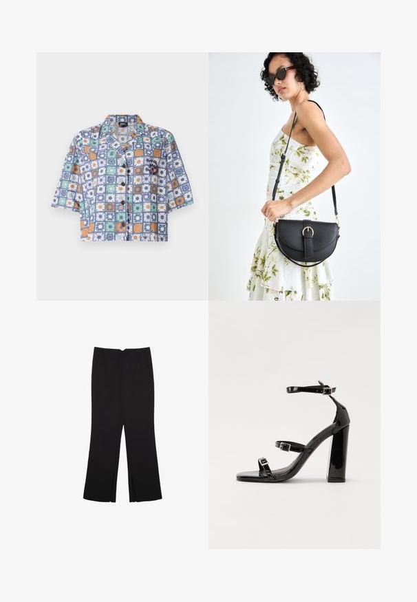 Lyhythihainen nappipaita kukkakuviolla sinisen, oranssin, vihreän ja valkoisen sävyissä. Valmistettu kevyestä kankaasta, jossa on leiripaidan kaulus.; Mustat housut suoralinjaisella leikkauksella, joissa on etutaskut ja sivurei'ät helman alla. Valmistettu pehmeästä ja sileästä kankaasta. Sopii eri tilaisuuksiin.; Musta kiiltävä korkokenkä sandaalit neliönmuotoisella varpaalla, nilkkaremmillä ja hopeisilla soljilla. Varustettu tukevalla lohkokorkealla vakauden takaamiseksi.; Musta nahkainen käsilaukku, joka on kaareva muotoilultaan, irrotettavalla hihnalla ja kultaisilla yksityiskohdilla. Laukussa on läppä, jossa on solk yksityiskohta.