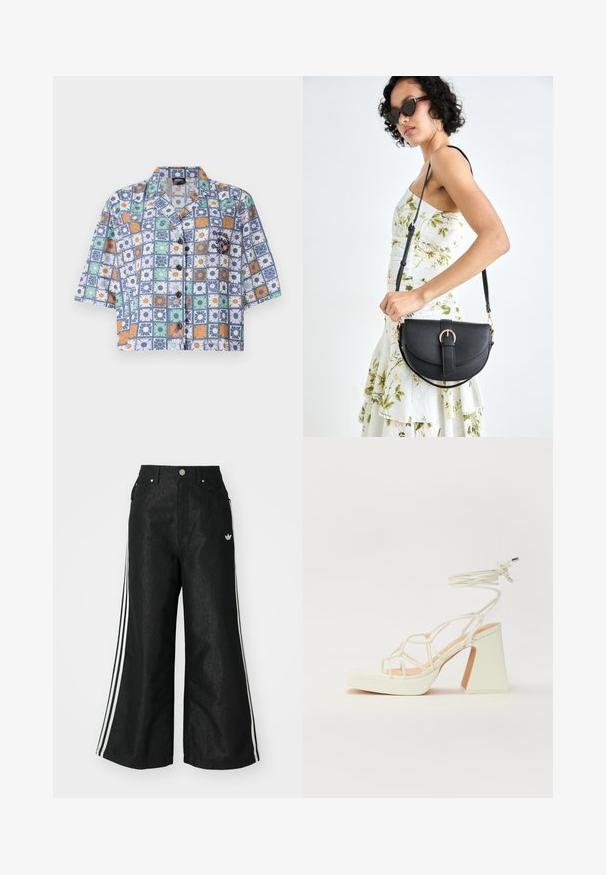 Lühikeste varrukatega nööpidega särk sinise, oranži, rohelise ja valge lillemustriga. Valmistatud kergest kangast, millel on lahtine krae.; Mustad mustadeline denimipüksid, millel on kummalgi küljel kolm valget triipu ja väike valge logo. Omab esikotte ja nööbiga kinnihoidmist.; Valged kõrge kontsaga sandaalid, millel on paks konts ja rihmadega disain koos pahkluu sidumisega. Sile tekstuur ja platvorm ees, et lisada kõrgust.; Mustmust mustraha kõverate joontega, eemaldatava rihmaga ja kuldsete detailidega. Kotil on klapp, millel on pandladetail.