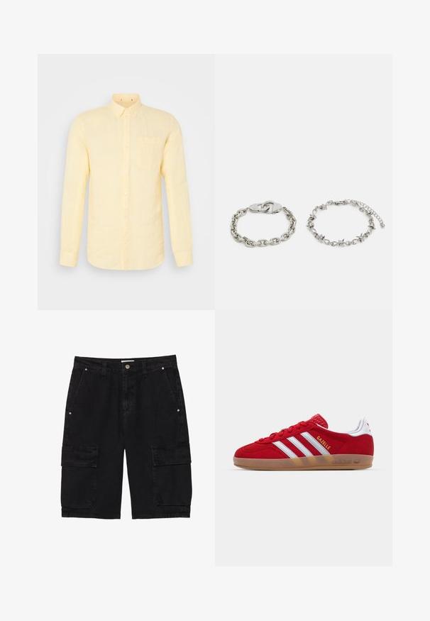 Lys gul skjorte med knappestolpe laget av teksturert stoff. Har krage, lange ermer og en brystlomme. Hvite knapper kontrasterer med stoffet.; Sorte cargo shorts laget av denim, med to sidelommer og to klaff cargo lommer på bena, med knappelukking og beltehemper.; Rød semsket sneakers med hvit tre-stripes design og gull "Gazelle" tekst. Har en gummisåle og teksturert hæl.; Sølvkjedearmbånd med håndjernlås på venstre; høyre har en dekorativ kjede med aksenter. Begge har en polert overflate.