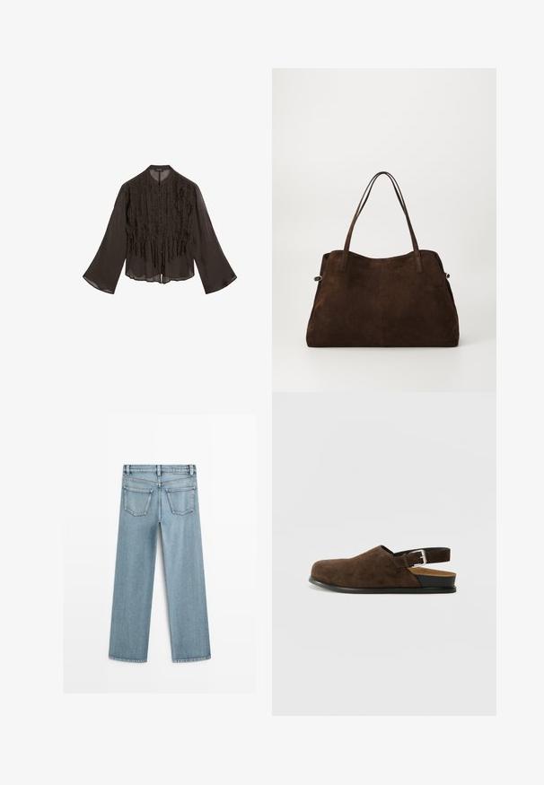 Sort, let bluse med rynket front, lange klokkeærmer og rundet krave. Har knaplukning langs fronten.; Lysblå denim brede jeans med mellemhøj talje, der har to baglommer og en klassisk lige pasform.; Brune ruskinds slip-on sko med lav hæl, en justerbar rem med en sølv spænde og en sort gummisål.; Vagabond CANNES - Shopping bags - coffee