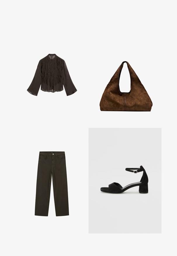 Sort, let bluse med rynket front, lange klokkeærmer og rundet krave. Har knaplukning langs fronten.; Mørkegrønne brede jeans lavet af en bomuldsblanding, med en frontlukning med knap, fem lommer og klassisk denim-syning.; Sorte ruskind hælede sandaler med en tynd ankelsnor, åben tå design og en beskeden blokhæl. Glat tekstur og minimale detaljer.; Brun ruskind skuldertaske med åben top. Har en dyb, bred form, udskåret håndtag og minimal syning for et rent design.
