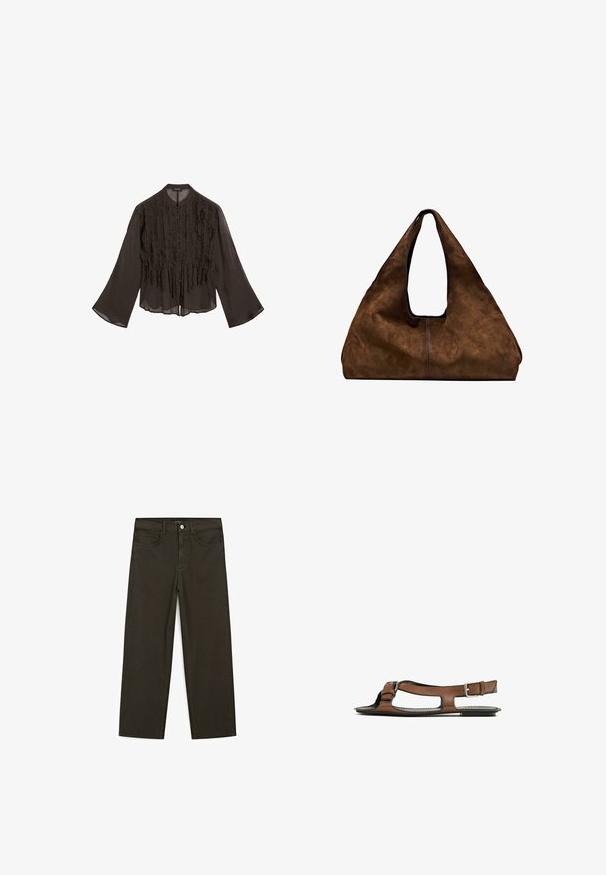 Sort, let bluse med rynket front, lange klokkeærmer og rundet krave. Har knaplukning langs fronten.; Mørkegrønne brede jeans lavet af en bomuldsblanding, med en frontlukning med knap, fem lommer og klassisk denim-syning.; Brune lædersandal med åben tå og udskæringer på siden. Har en ankelrem med en metalspænde og en flad sål.; Brun ruskind skuldertaske med åben top. Har en dyb, bred form, udskåret håndtag og minimal syning for et rent design.