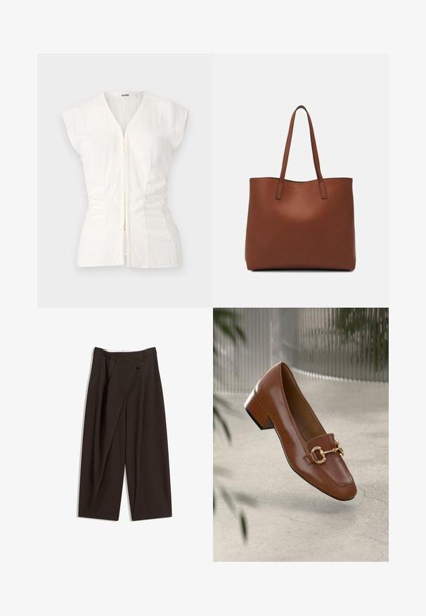 Fehér, rövid ujjú felső mély V-nyakkivágással és elülső cipzárral. Oldalain ráncolt textúrával rendelkezik a szorosabb fazon érdekében, könnyű anyagból készült.; Sötétbarna, bő szárú nadrág magas derékkal, egyetlen gombos záródással és redős elülső résszel. Könnyű anyagból készült.; Barna lakkbőr loaferek négyzet alakú orral, fém lánc díszítéssel és alacsony blokk sarkú kialakítással; sima textúra, minimalista design.; Barna bőr vászontáska sima textúrával, nyitott tetejű dizájnnal és két vállpánttal. Minimális varrással és látható hardver nélkül készült.