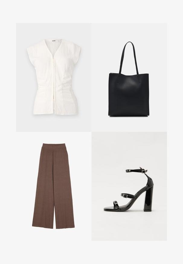 Top branco de manga curta com decote em V profundo e fecho na frente. Apresenta textura franzida nas laterais para uma forma ajustada, feito de tecido leve.; Calças de perna larga em tecido texturizado e canelado numa cor castanha quente. Apresentam uma cintura sem costura e uma silhueta fluida.; Sandálias de tacão preto laqueadas com bico quadrado, tiras para o tornozelo e fivelas prateadas. Apresentam um salto bloco chunky para estabilidade.; Bolsa tote preta em couro com textura lisa, forma retangular e duas alças longas. Sem hardware ou enfeites visíveis.