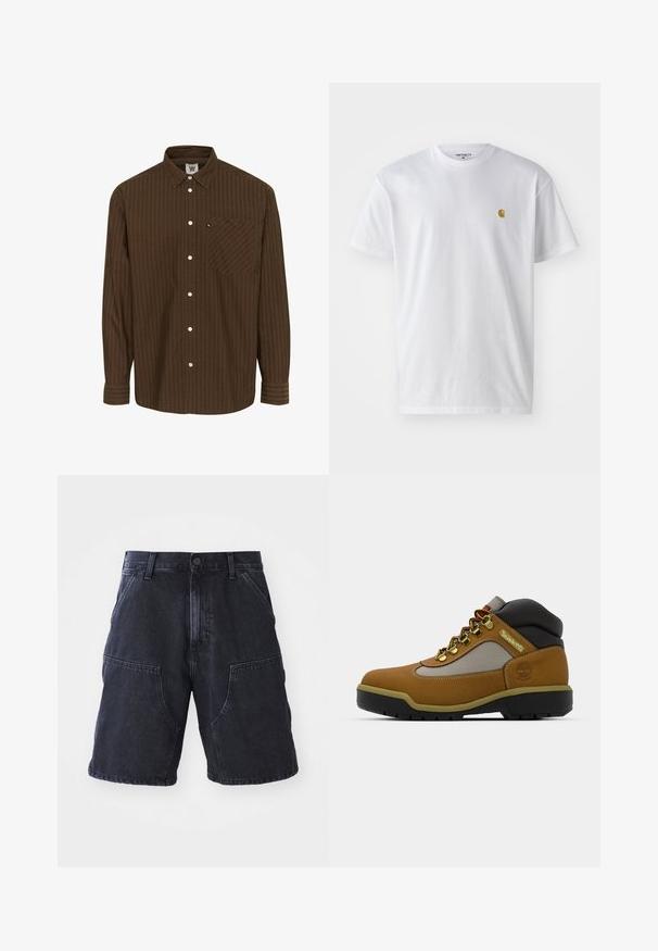 Chemise à boutons rayée marron avec un col, des manches longues et une poche poitrine ; présente des boutons blancs et un tissu texturé.; T-shirt en coton blanc à manches courtes, col rond, avec un petit logo doré sur la poitrine gauche. Texture douce et coupe régulière.; Shorts en denim foncé avec une coupe droite, de grandes poches avant et une fermeture à bouton ; texture lisse et détails de couture minimaux.; Botte de randonnée marron avec des accents gris et noirs, tige en cuir texturé, œillets en métal et semelle en caoutchouc robuste pour une meilleure traction.