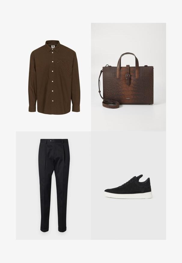 Ruda dryžuota marškinėlių su apykakle, ilgomis rankovėmis ir krūtine kišenėje; turi baltus mygtukus ir tekstūruotą audinį.; Juodos kelnės pagamintos iš lygaus audinio, su raukšle priekyje, mygtuko uždarymu ir suknežintomis rankovėmis ties kulkšnimi.; Juodų suede sportbačių su balta gumine padu, su toniniais siuvinėjimais ir raištelių užsegimu. Sklandus paviršius su šiuolaikine, laiko forma.; Rudos krokodilo rašto odos rankinė su viršutinėmis rankenomis ir nuimamu peties dirželiu. Yra sagties užsegimas ir stačiakampis pavidalas.