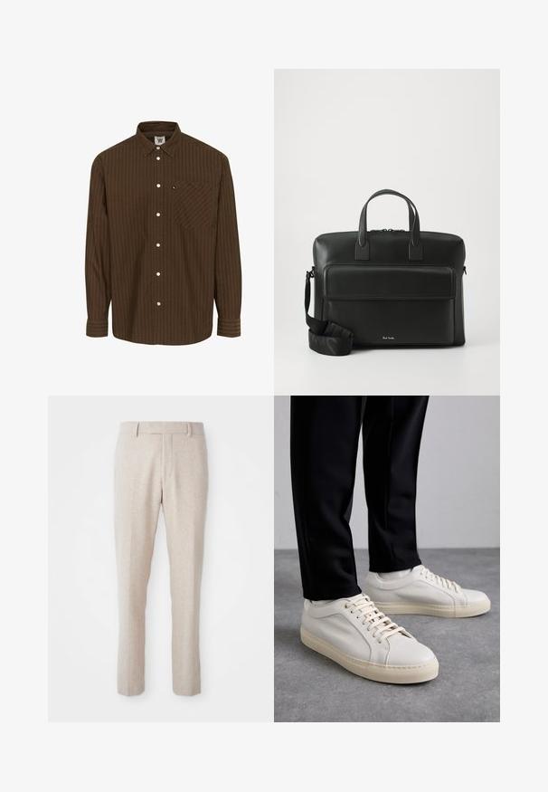 Brown striped button-up shirt with a collared neck, long sleeves, and a chest pocket; features white buttons and a textured fabric.; Beige woven trousers with a straight fit, featuring a flat front, belt loops, and no visible patterns or hardware details.; Light beige leather sneakers with flat laces, a textured surface, and a contrasting cream-colored rubber sole, paired with black tapered pants.; Black leather briefcase with dual top handles, a front pocket, and a detachable strap, featuring subtle branding at the bottom.