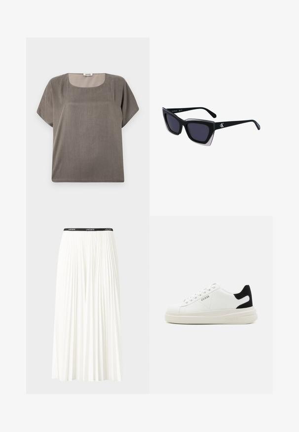 Kortærmet top i en dæmpet grå farve, med en firkantet udskæring og en afslappet pasform, lavet af et let, tekstureret stof.; Plisseret hvid nederdel med en sort elastisk talje, der har "LACOSTE"-logoet. Mellemlang design med blød tekstur.; Hvide lædersneakers med en tyk hvid sål, sort ruskindhælvægt og prægede logoer på siden. Snørebåndsdesign med seks øjer.; Store sorte oversized solbriller med geometrisk form, med mørke linser og en kontrasterende grå detalje på stellet. Logo på armen.