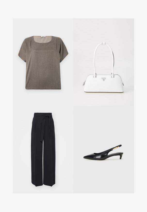 Kurzarmoberteil in einem gedämpften Grauton, mit einem quadratischen Ausschnitt und einem lockeren Schnitt, aus einem leichten, strukturierten Stoff gefertigt.; Schwarze weite Hosen aus weichem Stoff. Mit einem Gürteltäfelchen und vorderen Falten. Glatte Textur mit einem klaren, modernen Design.; Schwarze Leder-Slingback-Pumps mit spitzem Schuhblatt, ausgestattet mit einem schlanken Absatz und einem goldfarbigen Akzent am verstellbaren Riemen. Glatte Textur.; Weiße Lederhandtasche mit geschwungener Form, versehen mit einem silbernen dreieckigen Logo und einem Reißverschluss. Glatte Textur und zwei Griffe.