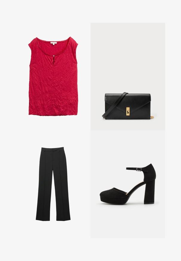 Punainen, rypistynyt yläosa, jossa on pyöreä pääntie ja yksi nappi yksityiskohtana edessä. Kevyt, teksturoitu kangas. Hihaton malli.; Mustat suorat housut, jotka on valmistettu sileästä kankaasta, litteällä edellä, vyölenkeillä ja ilman näkyviä taskuja, räätälöidyllä istuvuudella.; Mustat mokkanahkaiset korkokengät, joissa on paksu tukikorko, pyöreä kärki ja nilkkavöri, joka on kiinnitetty metallisella soljella. Pintakuvio on sileä.; Mustavärinen nahkalompakko, jossa on käännettävä läppä, kultaiset yksityiskohdat ja logoakseli. Mukana irrotettava olkahihna kuljetusta varten.