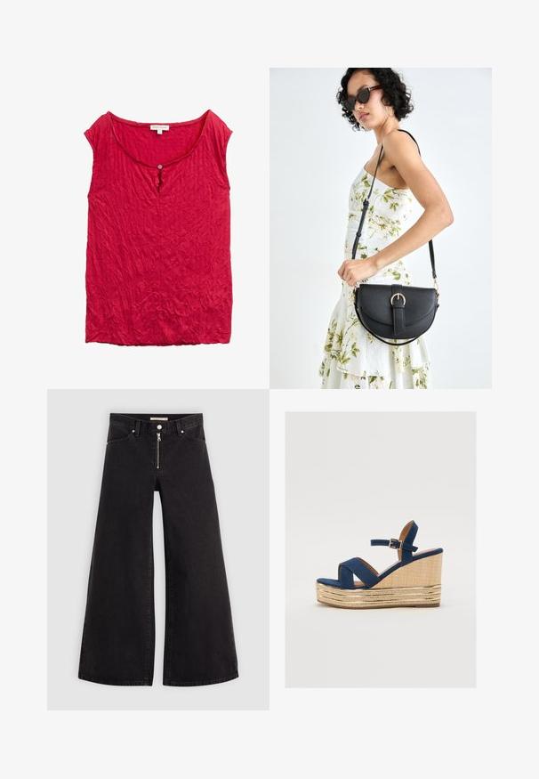 Rotes, gepliesstes Oberteil mit Rundhals-Ausschnitt und einem einzelnen Knopfdetail an der Vorderseite. Leichter, strukturierter Stoff. Ärmelloses Design.; Schwarze Denim-Jeans mit weitem Bein, Reißverschluss vorne, Fünf-Taschen-Design und dezenten Stickdetails. Glatte Textur und lässiger Stil.; Marineblaue Keil-Sandale mit überkreuzten Riemen, einer strukturierten Plattform aus Naturfasern und einem goldenen Metallakzent an der Basis.; Schwarze Lederhandtasche mit geschwungener Form, abnehmbarem Tragegurt und goldenen Beschlägen. Die Tasche verfügt über einen Deckel mit einer Schnallen-Details.