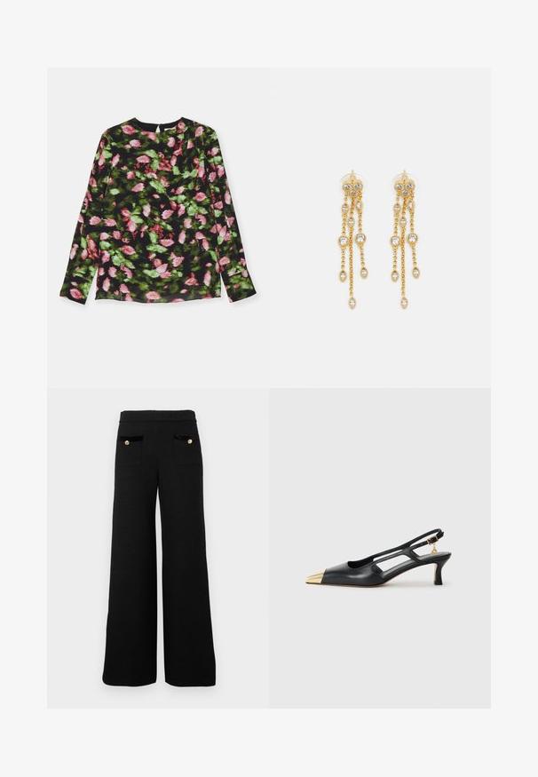 Langærmet top med sort stof og blomsterprint i pink og grøn. Rund halsudskæring med let plissering.; Sorte bukser med bred benvidde lavet af tekstureret stof, med to frontlommer med sorte fløjl-accenter og guldbutton-detaljer.; Sort læderslingback sko med spids tå og guldmetal hætte. Har udskæringsdesign og en slank hæl med justerbar rem.; Guldtonede øreringe med flere kaskadende kæder, der har klare ovale rhinestein-accenter og dekorative studtoppe.