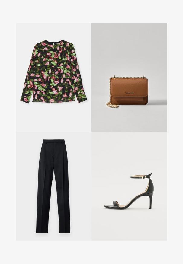 Dlhý rukáv vrchný diel s čiernou látkou s kvetinovým vzorom v ružovej a zelenej farbe. Okrúhly výstrih so slabým detailom skladania.; Čierne nohavice vyrobené z hladkej látky s vysokým pásom, širokými nohavicami, prednými záhybmi a klasickými pútkami na opasok. Žiadne bočné vrecká nie sú viditeľné.; Čierne kožené sandále na vysokom podpätku s popruhom okolo členka. Vlastnosti hladkého povrchu, otvorenej špičky a tenkého podpätku. Detail zlatého spony.; Hnedá textúrovaná kožená taška cez telo s zlatým reťazovým popruhom a preklopným uzáverom. Predná strana obsahuje detail s logom a vrecko pod preklopkou.