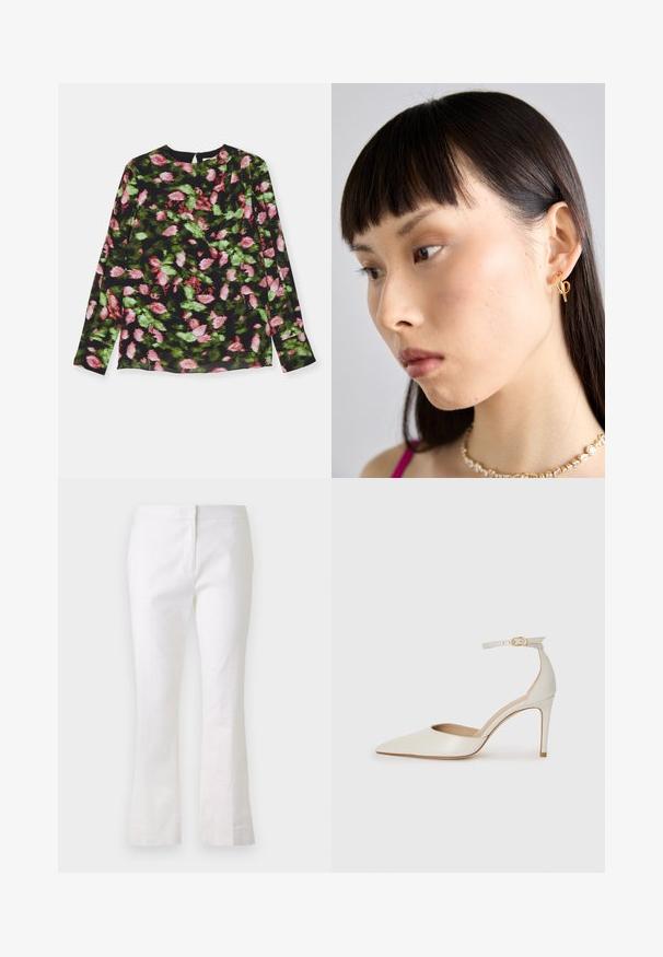 Ilgų rankovių marškinėliai, pagaminti iš juodos medžiagos su rožinėmis ir žaliomis gėlių raštais. Apvalus iškirpimas su nedidele raukšle.; Balti platūs kelnių modeliai, pagaminti iš lengvos medžiagos. Yra plokščia priekinė dalis su užtrauktuku ir glotnus tekstūra. Paprastas ir tvarkingas dizainas.; Balti odiniai aukštakulniai batai su smailiu priekiniu galu, kulkšnies dirželiu ir siauru stiletu. Lygi tekstūra su subtiliu blizgiu paviršiumi.; Auksinė įvorės auskaras, dėvimas dešinėje ausyje, su atviru dizainu. Modelis turi tiesius tamsius plaukus ir minimalų makiažą.