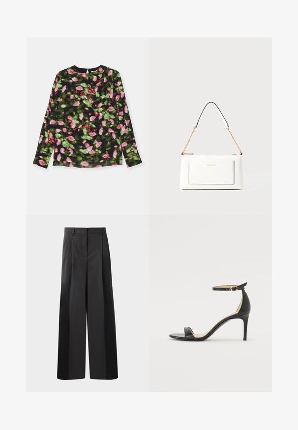 Dlhý rukáv vrchný diel s čiernou látkou s kvetinovým vzorom v ružovej a zelenej farbe. Okrúhly výstrih so slabým detailom skladania.; Čierne široké nohavice s vysokým pásom, so záhybmi vpredu, hladkou textúrou a prispôsobeným strihom. Navrhnuté pre uvoľnený strih.; Čierne kožené sandále na vysokom podpätku s popruhom okolo členka. Vlastnosti hladkého povrchu, otvorenej špičky a tenkého podpätku. Detail zlatého spony.; Biele kožené kabelka s textúrovaným povrchom, ktorá má zlatý retiazkový popruh a čierne akcenty. Obsahuje prednú kapsu a zipsové zapínanie.
