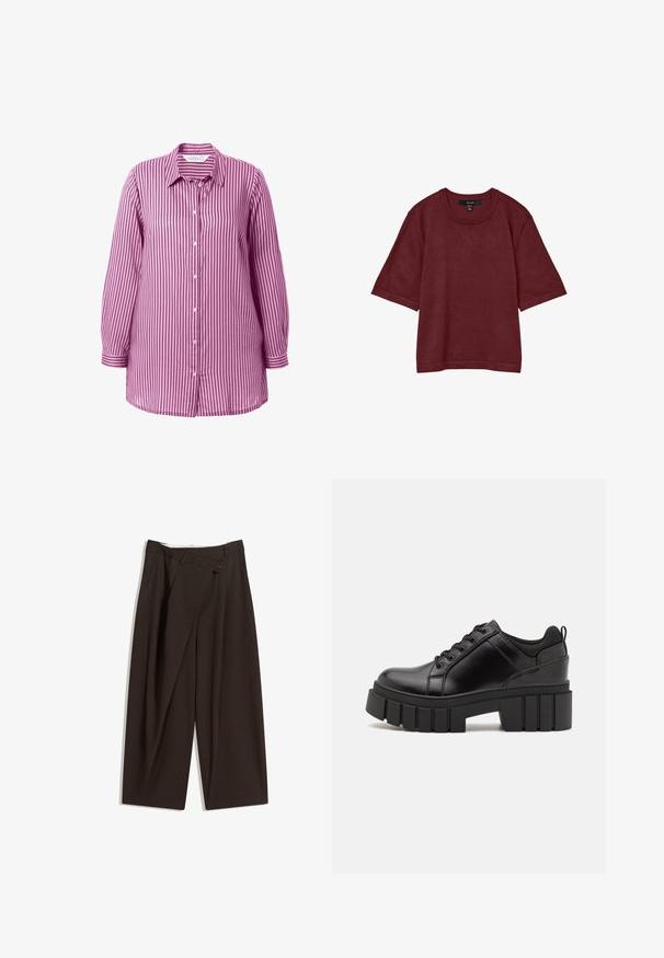 Pruhovaná košile s knoflíky v purpurové a bílé barvě, se špičatým límcem, dlouhými rukávy a přímým lemem. Měkká bavlněná tkanina.; Burgundské tričko s krátkým rukávem vyrobené z strukturované tkaniny, s kulatým výstřihem a volným střihem s ohrnutými manžetami.; Tmavě hnědé široké kalhoty s vysokým pasem, vybavené jedním tlačítkem na zapínání a plisovaným předním dílem. Vyrobené z lehkého materiálu.; Černé kožené platformové boty s masivním blokovým podpatkem, kulatou špičkou a tradičním šněrováním. Mají hladký povrch a minimální detaily.