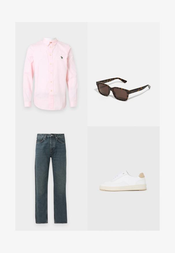 Svetloružičasta košulja dugih rukava s gumbima izrađena od pamuka. Ima kragnu i zeleni izvezeni logo slona na lijevoj strani prsnog koša.; Tamno plave traperice s ravnim nogavicama, koje imaju pet džepova, zatvaranje na dugme i kontrastne šavove.; Bijele niske tenisice s gornjim dijelom od teksturirane kože, kremasto žljebastim potplatom i smeškim akcentom na peti. Imaju bijele vezice i detalj s logotipom na peti.; Gucci sunčane naočale sa četvrtastim, okvirom od kornjačevine i smešnim staklima. Sadrže diskretno brendiranje na sljepočnicama.