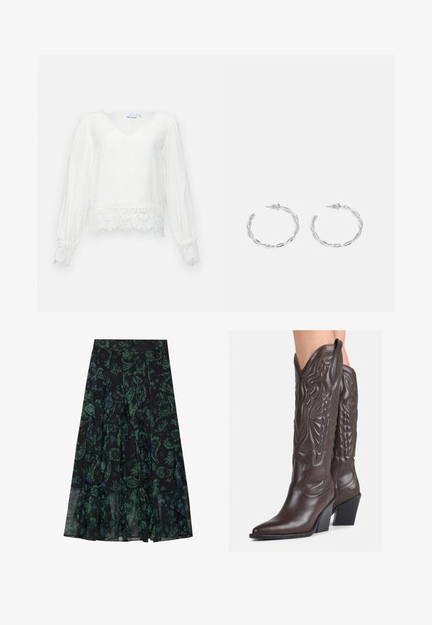 Blusa bianca a maniche lunghe con scollo a V, caratterizzata da un applicazione in pizzo all'orlo e ai polsini, realizzata in tessuto leggero con una consistenza morbida.; Gonna nera con motivo floreale verde, caratterizzata da bordi arruffati e pieghe. Realizzata in tessuto leggero, offre una silhouette fluida.; Stivali da cowboy in pelle marrone con punta affusolata e tacco a blocco, caratterizzati da dettagliati ricami e accenti rialzati sul gambale.; Orecchini a cerchio in argento con un design torciglionato, caratterizzati da una finitura lucida e chiusura a perno. Misurano circa 3 cm di diametro.