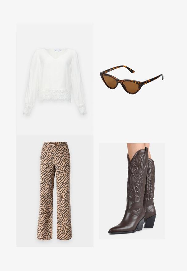 Bluză lungă albă cu mânecă lungă și decolteu în V, cu dantelă la marginea de jos și la manșete, realizată dintr-un material ușor, cu o textură netedă.; Pantaloni cu croi larg, cu un model în dungi de tigru în nuanțe de maro și negru, având talie standard și un design cu cinci buzunare.; Bocanci de cowboy din piele maro, cu vârf ascuțit și toc pătrat, având cusături detaliate și accente ridicate pe tijă.; Ochelari de soare în stil cat-eye, cu o ramă din material cu tortoiseshell negru și portocalie, lentile maro și vârfuri elegante, ascuțite. Prezintă un logo minimal pe brățara ochelarilor.; Geantă de mână din piele neagră, cu clapetă și un detaliu din metal auriu. Include o curea neagră și un design elegant, minimalist.