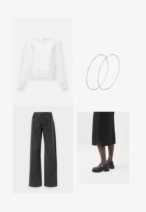 Baldzi, garām piedurknēm, balta blūze ar V veida kaklu, ar mežģīņu apdari ap apakšmalu un piedurkņu galiem, izgatavota no viegla auduma ar gludu tekstūru.; Noisy May NMJANNEL LOOSE - Brīva piegriezuma džinsi - black denim; Melni ādas apavi ar noapaļotu purngalu, biezām bloku papēžiem un elastīgiem sānu akcentiem, apvienoti ar tumšām zeķubiksēm un melnu svārku ar šķirbu.; Sudraba gredzenveida auskari ar minimālistisku dizainu. Cirkulāra forma, gluda tekstūra un plāns profils. Vieglu svaru ar spīdīgu apdari.