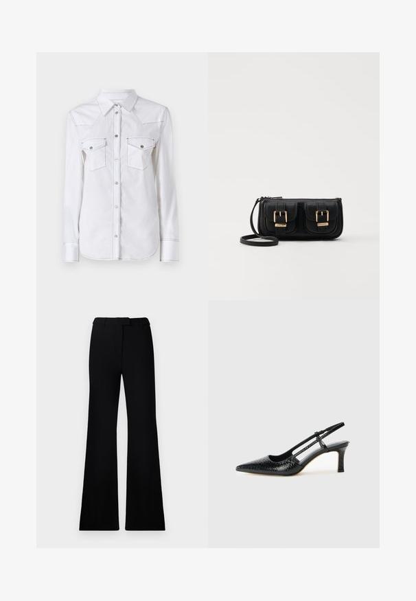 Weißes Langarmhemd mit spitzem Kragen, zwei Brusttaschen, kontrastierenden Nähten und abgerundetem Saum. Mit Metallknöpfen.; Schwarze ausgestellte Hose mit einer glatten Textur, tailliertem Bund und Fronttaschen, entworfen mit einer eleganten, modernen Silhouette.; Schwarze Lack-Slingback-Pumps mit spitzem Zehenbereich, versehen mit strukturiertem Schlangenprint, verstellbarem Riemen und einem kurzen, strukturierten Blockabsatz.; Schwarze Leder-Umhängetasche mit zwei vorderen Taschen, goldenen Schnallen, Reißverschluss und einem schmalen Tragegurt. Texturierte Oberfläche und kompakte rechteckige Form.