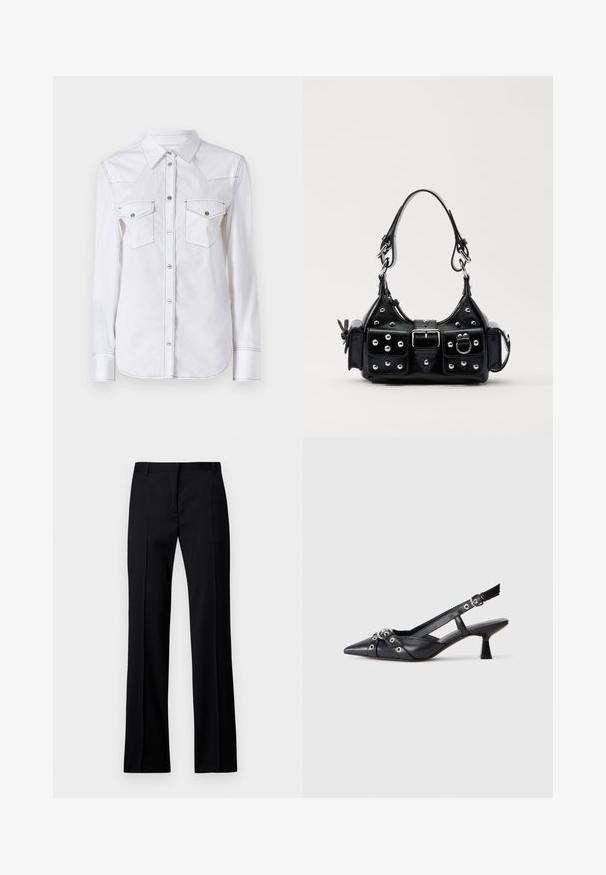 White long-sleeve shirt with a pointed collar, two chest pockets, contrasting stitching, and rounded hem. Features metal buttons.; Black straight-leg trousers in smooth fabric, featuring a flat front, belt loops, and no visible pockets or embellishments.; Black leather slingback shoe with a pointed toe, decorative straps featuring metal eyelets, and a low block heel. Textured surface.; Black leather handbag with a curved design, featuring silver studs, a buckle, and two side pockets. Adjustable strap for carrying options.