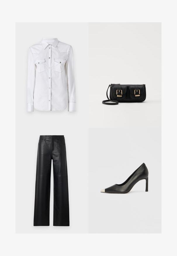 White long-sleeve shirt with a pointed collar, two chest pockets, contrasting stitching, and rounded hem. Features metal buttons.; Wide-leg black leather pants with a smooth texture, featuring front pockets, a button closure, and subtle stitching details.; Black leather high heel shoe with a pointed toe and a metallic silver cap. Features a smooth finish and a slender 10 cm heel.; Black leather crossbody bag with two front pockets, gold buckles, zipper closure, and a slim strap. Textured surface and compact rectangular shape.