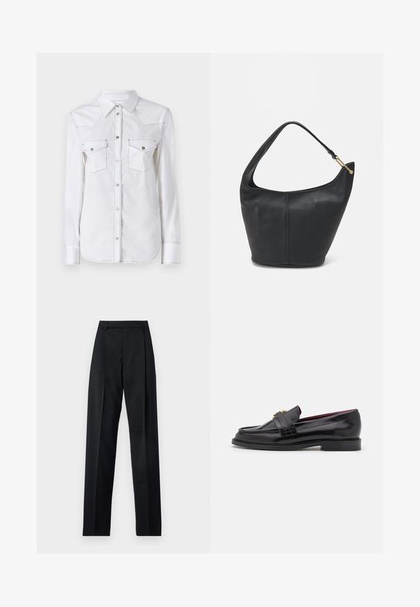 Valge pikkade varrukatega pluus terava kraega, kahe rinnataskuga, kontrastsete õmblustega ja ümarate servadega. Omaduseks on metallnupud.; Mustad püksid siledast kangast, millel on kõrge vöökoht, laiad jalad, esimesed kortsud ja klassikalised vööloopid. Küljepockets pole nähtavad.; Mustad nahast loafers, millel on õmblustega muster, sile tekstuur, kuldne klamberdetail ja ümar varvas, paigutatud madalale mustale tallale.; Musthave musta nahast käekott ümarate servadega, laia rihmaga ja tekstureeritud pinnaga. Omab peenelt õmblust detailina ning kullatooni aksessuaare.