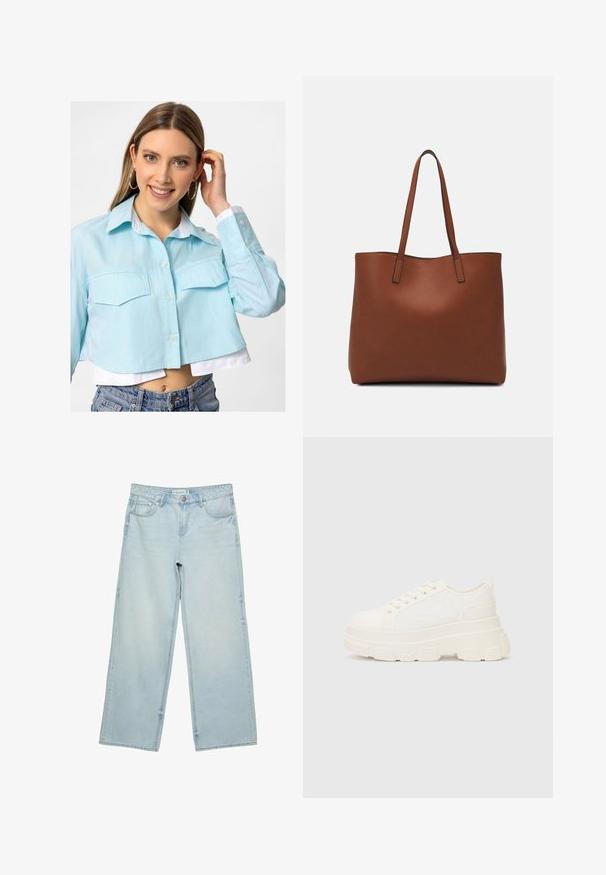Kurzärmliges hellblaues Hemd mit Knopfverschluss, zwei Vorderaschen und weißem Kragen. Der Stoff hat eine glatte Textur und ein lässiges Design.; Helle blaue, weite Jeans aus Denim mit hoher Taille, fünf Taschen und subtilen Ausbleichungen. Gerader Schnitt mit gesäumten Kanten.; Weiße Leinensneaker mit einer massiven Sohle, abgerundeter Spitze und fünf Ösen für Schnürsenkel. Hinterer Tab für ein einfaches Anziehen. Glatte Textur, minimalistisches Design.; Braune Leder-Tote mit glatter Textur, offenem Oberteil und zwei Schulterriemen. Verfügt über minimale Nähte und keine sichtbaren Beschläge.