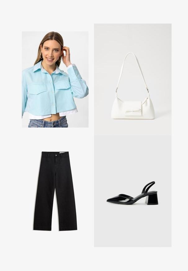 Zkrácená světle modrá košile s knoflíkovým zapínáním, dvěma předními kapsami a bílým límcem. Materiál má hladkou texturu, ležérní design.; Černé denimové kalhoty s volným střihem a vysokým pasem, vybavené předními a zadními kapsami, prošívanými švy a knoflíkovým zapínáním. Hladká textura.; Černé lakované kožené lodičky na pásku s špičatou špičkou a geometrickým blokovým podpatkem. Vyznačují se elegantním, minimalistickým designem a hladkým povrchem.; Bílá syntetická kabelka v trojúhelníkovém tvaru, s plochým předním klopným víkem a detailem mašle, nastavitelným popruhem, hladkým povrchem a minimalistickým designem.