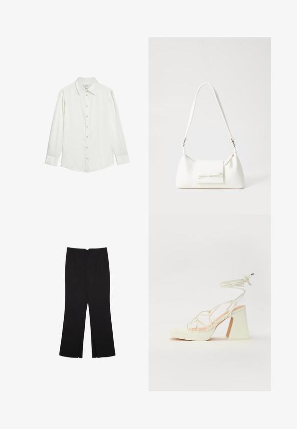 White long-sleeve shirt with a classic collar, front button placket, and smooth fabric texture. Features buttoned cuffs and a tailored fit.; Black trousers with a straight fit, featuring front pockets and side slits at the hem. Made of soft, smooth fabric. Suitable for various occasions.; White high-heeled sandal with a chunky heel, featuring a strappy design and ankle tie. Smooth texture with a platform front for added height.; White synthetic handbag with a triangular shape, flat front flap and bow detail, adjustable strap, smooth texture, and minimalistic design.
