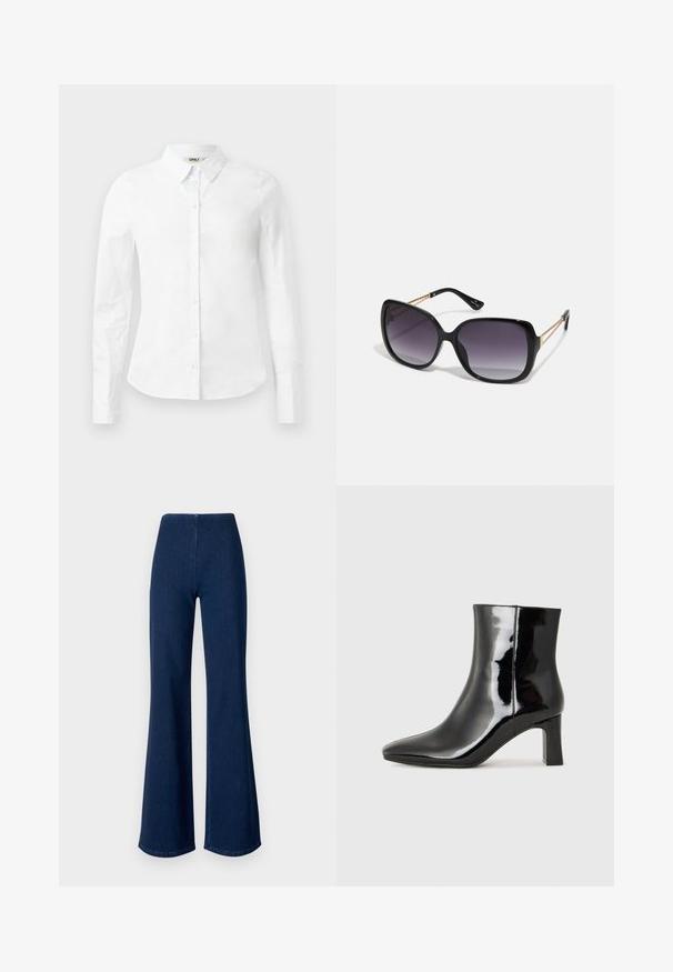 Camisa branca de manga longa com botões, feita de algodão; apresenta colarinho clássico e fecho frontal com botões. Textura suave, ajuste padrão.; Calças de ganga em azul escuro, com corte flare e uma cinturilla elástica. Apresentam uma textura suave e um design de perna larga que se estende até à bainha.; Botim de tornozelo em pele sintética preta com bico apontado e salto bloco de altura média. Textura suave e design minimalista.; Óculos de sol oversized pretos com lentes degradê, armações grossas e detalhes em corrente dourada nas hastes.