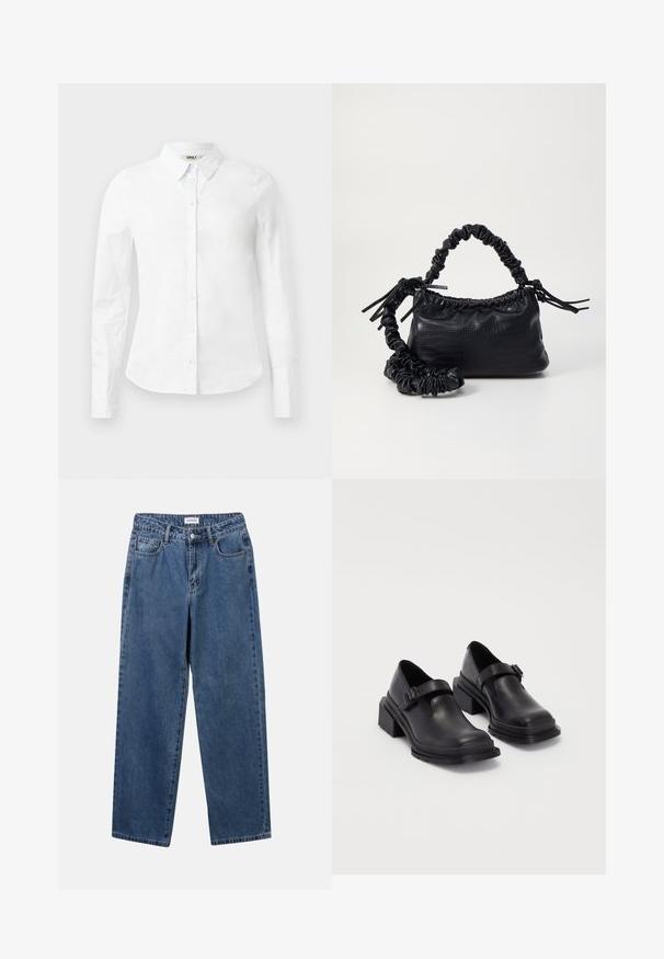 Bela srajca z dolgimi rokavi, narejena iz bombaža; ima klasični ovratnik in sprednje zapiranje z gumbi. Gladka tekstura, standardna prileganje.; Klasične modre jeans hlače s ravnim krojem, petimi žepi in gumbom za zapiranje. Imajo srednje pranje in trdno teksturo.; Črne usnjene čevlje z zaobljenim nosom, ravnim podplatom in trakcem z zaponko. Debel blokasti petnik za dodatno stabilnost.; Črna torbica iz umetnega usnja s krokodilovo teksturo, z zvitim vrhom in zmečkano naramico. Zdi se mehka in kompaktna v oblikovanju.