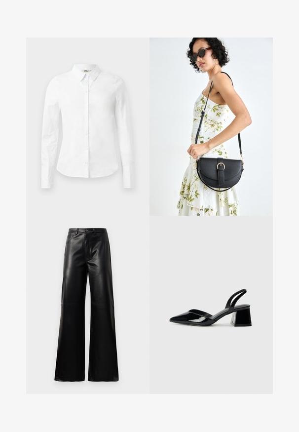 White long-sleeve button-up shirt made of cotton; features a classic collar and front button closure. Smooth texture, standard fit.; Black high-waist wide-leg faux leather pants with front button, zip closure, belt loops, and side pockets on white background.; Black patent leather slingback heels with a pointed toe and a geometric block heel. Features a sleek, minimal design and smooth texture.; Black leather handbag with a curved shape, detachable strap, and gold hardware. The bag features a flap with a buckle detail.