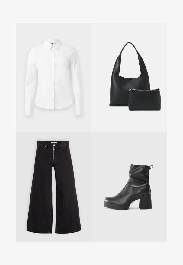 Fehér hosszúujjú gombos ing, pamutból készült; klasszikus gallérral és elülső gombos zárással rendelkezik. Simaság jellemzi, standard szabású.; Fekete denim széles szárú farmer, cipzáros elejével, öt zsebes kialakítással és diszkrét varrással. Sima textúra és laza stílus.; Fekete bokacsizmák sima bőrből, oldalsó cipzárral, vastag, texturált sarkú és lekerekített orrú dizájnnal.; Even&Odd Kézitáska - black