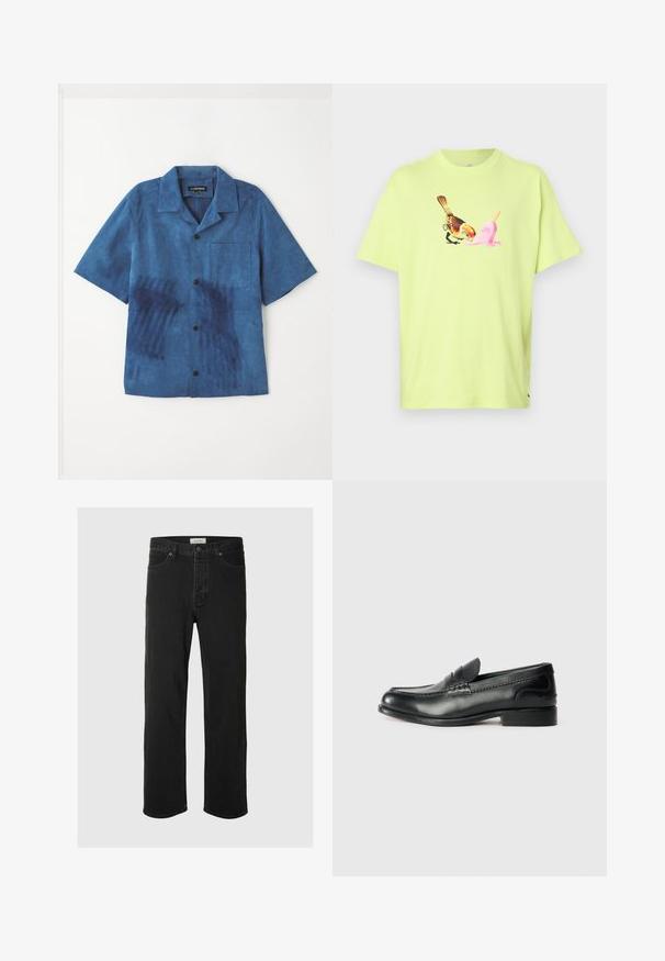 Modrá košela s krátkym rukávom vyrobená z mäkkej tkaniny, ktorá má predné vrecko, čierne gombíky a jedinečnú textúru so tmavšími modrými vzormi.; Limetkovo zelené bavlnené tričko s grafikou vtáka a ružového zmrzlinového kónusu, so jednoduchým okrúhlym výstrihom a krátkymi rukávmi.; Čierne džínsové nohavice so rovnými nohavicami majú klasický dizajn s piatimi vreckami, zapínaním na gombík, minimálnym prešívaním a jemnou textúrou.; Čierne kožené loafers s hladkým povrchom, prešívaním cez vampus a mierne vyvýšeným podpätkom.