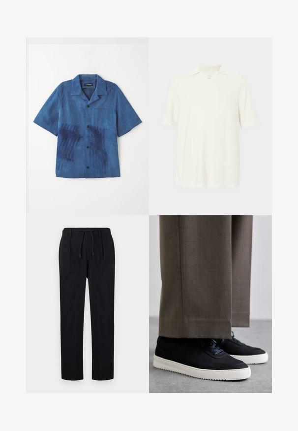 Sinine lühikeste varrukatega särk pehmest kangast, mille ees on tasku, mustad nupud ja ainulaadne tekstuur tumedamatest sinistest mustritest.; Lühikeste varrukatega polo-särk, heledast kreemjas värvis, tekstureeritud kangast, millel on V-kaelus ja klassikaline krae.; Mustadest siledast kangast püksid, millel on nööriga vöökoht, sirged sääred ja esiõmblused, mis loovad struktureeritud väljanägemise.; Mustad suleed sneakers valge kummist tallaga, ümarate varvaste ja paeltega, kantud hallide ülikonna pükste kõrval.
