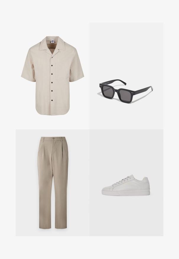 Kortærmet skjorte i lys beige med et tekstureret ternmønster, kravedesign og sort knapdetaljer; har en brystlomme.; Hvid ærmeløs tanktop lavet af ribbet bomuld. Har en rund halsudskæring og en glat tekstur. Etiketten siger "PULL&BEAR."; Khaki bukser med lige ben, der har en knaplukning og plisseret foran. Fremstillet af glat stof med mat finish.; Lys grå lædersneaker med en glat tekstur, afrundet tå, flad gummisål og tonede snørebånd. Har minimal branding i guld.; Sorte rektangulære solbriller med mørke linser, der har en tyk ramme, subtile detaljer på siderne og uden synlige logoer udover mærkenavnet.; Digital armbåndsur med en strop i sølvfarvet rustfrit stål, rektangulært sort og gråt urværk, verdensur-funktion og flere alarmfunktioner.