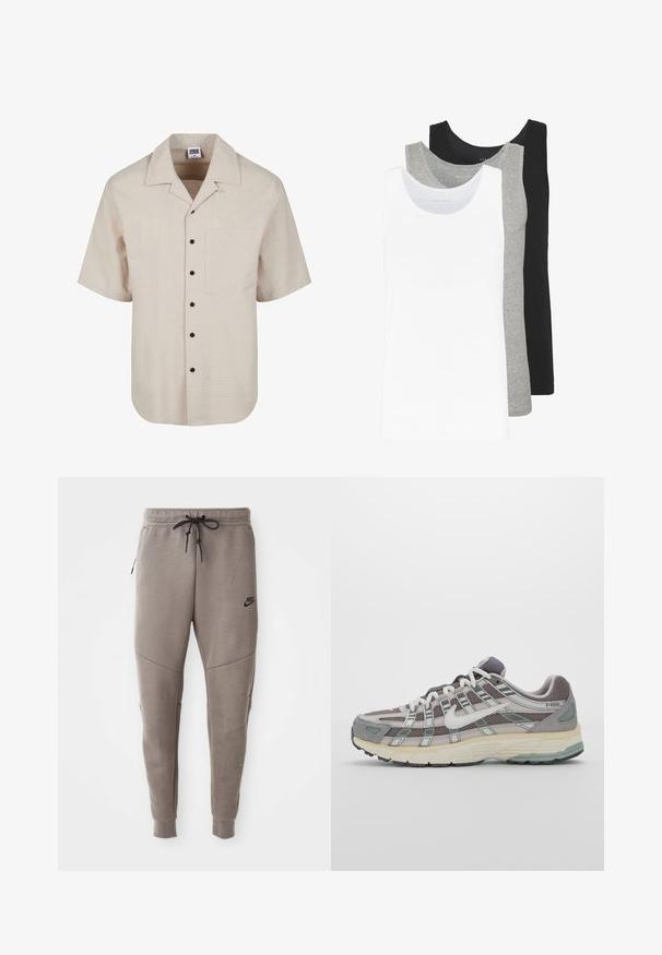 Košulja kratkih rukava u svijetlosmeđoj boji s teksturiranim kariranim uzorkom, dizajnom s kragnom i detaljima crnih dugmadi; sadrži džep na prsima.; Tri majice bez rukava u bijeloj, sivoj i crnoj boji. Svaka ima klasičan dizajn bez rukava, izrađena je od lagane pamučne tkanine s rebrastom teksturom.; Sive Nike trenirke s elastičnim pojasom, suženi nogavi, bočnim džepovima i izraženim šavom. Mekani, teksturirani materijal.; Siva sportska tenisica s gornjim dijelom od mrežaste tkanine i zamshta, bijelim detaljima, amortizirajućom potplatom i prepoznatljivim dizajnom s refleksivnim elementima.