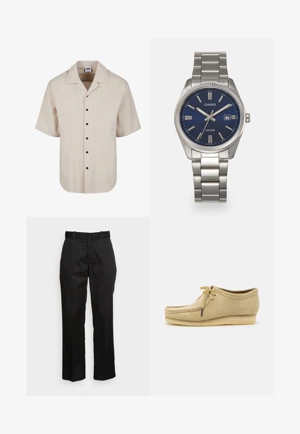 Short-sleeved shirt in light beige with a textured check pattern, collared design, and black button detailing; features a chest pocket.; Three tank tops in white, gray, and black. Each features a classic sleeveless design, made from lightweight cotton fabric with a ribbed texture.; Black trousers made from a smooth fabric, featuring a straight leg design, belt loops, and two side pockets. Classic look without embellishments.; Beige suede shoe with a lace-up design, stitched detailing, and a rubber sole. The shape is casual with a slight wedge heel.; Silver stainless steel wristwatch with a navy blue dial, metallic hour markers, and a date window at 3 o'clock. Water-resistant to 50 meters.