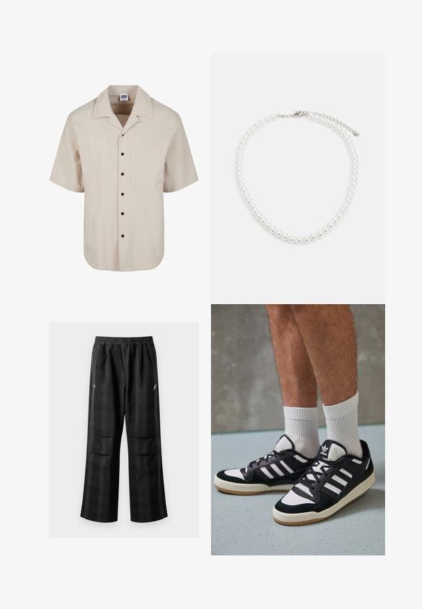 Kurzarmhemd in hellbeige mit strukturiertem Karomuster, mit Kragen und schwarzen Knopfdetails; verfügt über eine Brusttasche.; Schwarze karierte Hosen mit elastischem Bund, zwei Fronttaschen und lockerer Passform im geraden Beinschnitt. Hergestellt aus leichtem Material.; Schwarz-weiße Sneaker mit einem Obermaterial aus Wildleder und Leder, ausgestattet mit drei weißen Streifen, einer perforierten Zehenpartie und einer Sohle aus Gummi.; Weiße Perlenkette mit einheitlich runder Form, glatter Oberfläche und Metallverschluss mit Verlängerungskette für anpassbare Länge.