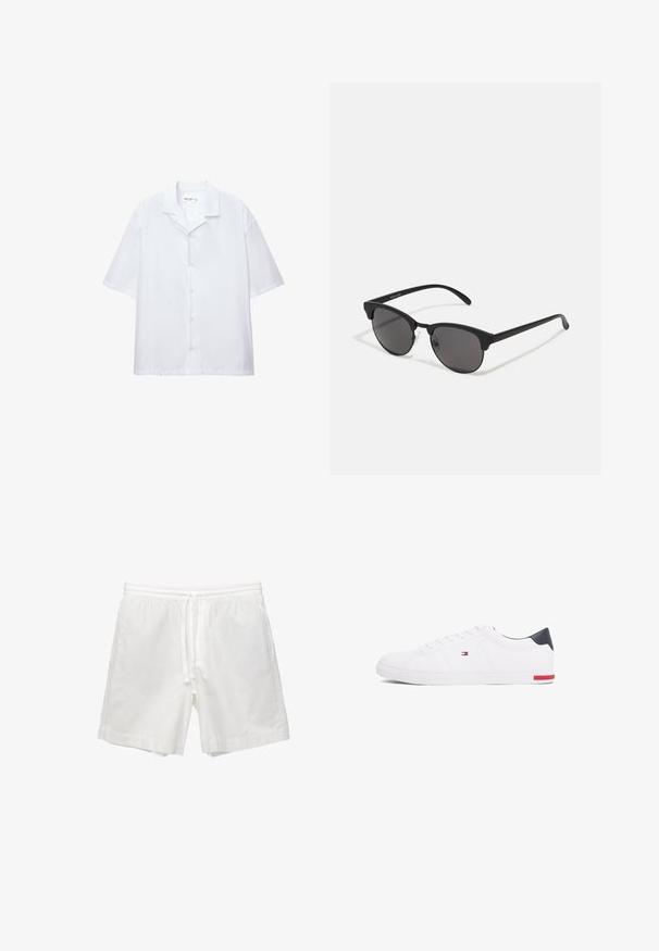 Biela košeľa s krátkymi rukávmi, vyrobená z hladkej tkaniny, s klasickým golierom a voľným strihom. Žiadne viditeľné vzory ani akcenty.; Biele bavlnené šortky s elastickým pásom a šnúrkou, bočnými vreckami a rovným strihom so zaoblenými okrajmi.; Biele nízkoprevádzkové tenisky vyrobené z hladkej kože. Majú námornícke zadočnú časť a červený akcent na podrážke. Šesť dierok na šnúrky.; Čierne slnečné okuliare s okrúhlymi šošovkami, matným povrchom a charakteristickým tvarom mačacích očí. Úzke ramená s nenápadným brandingom na ľvom chráničku.