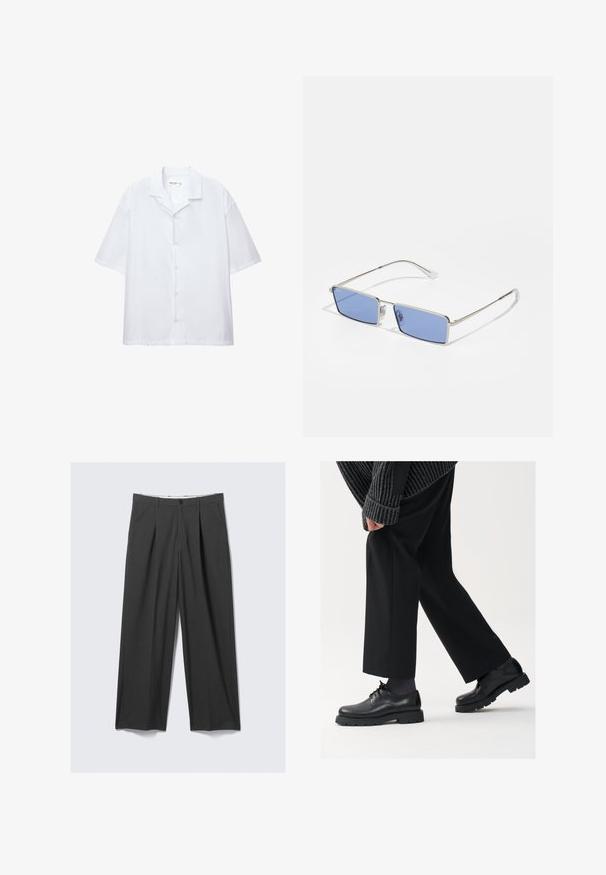 Rövid ujjú, fehér gombos ing sima anyagból, klasszikus gallérral és laza szabással. Nincsenek látható minták vagy díszítések.; Szürke, széles lábú nadrág, plissékkel. Simaságot biztosító anyagból készült, elöl gombos záródással és övhurkokkal rendelkezik. Lapított elülső dizájn.; Fekete bőr cipők kerek orral, fűzős kialakítással és vastag, texturált talppal. Öltönyös fekete nadrággal és bordázott pulóverrel viselve.; Fém napszemüveg téglalap alakú, kék színű, árnyékolt lencsékkel és ezüstkerettel. Orrpárnával és vékony, egyenes szárakkal rendelkezik.